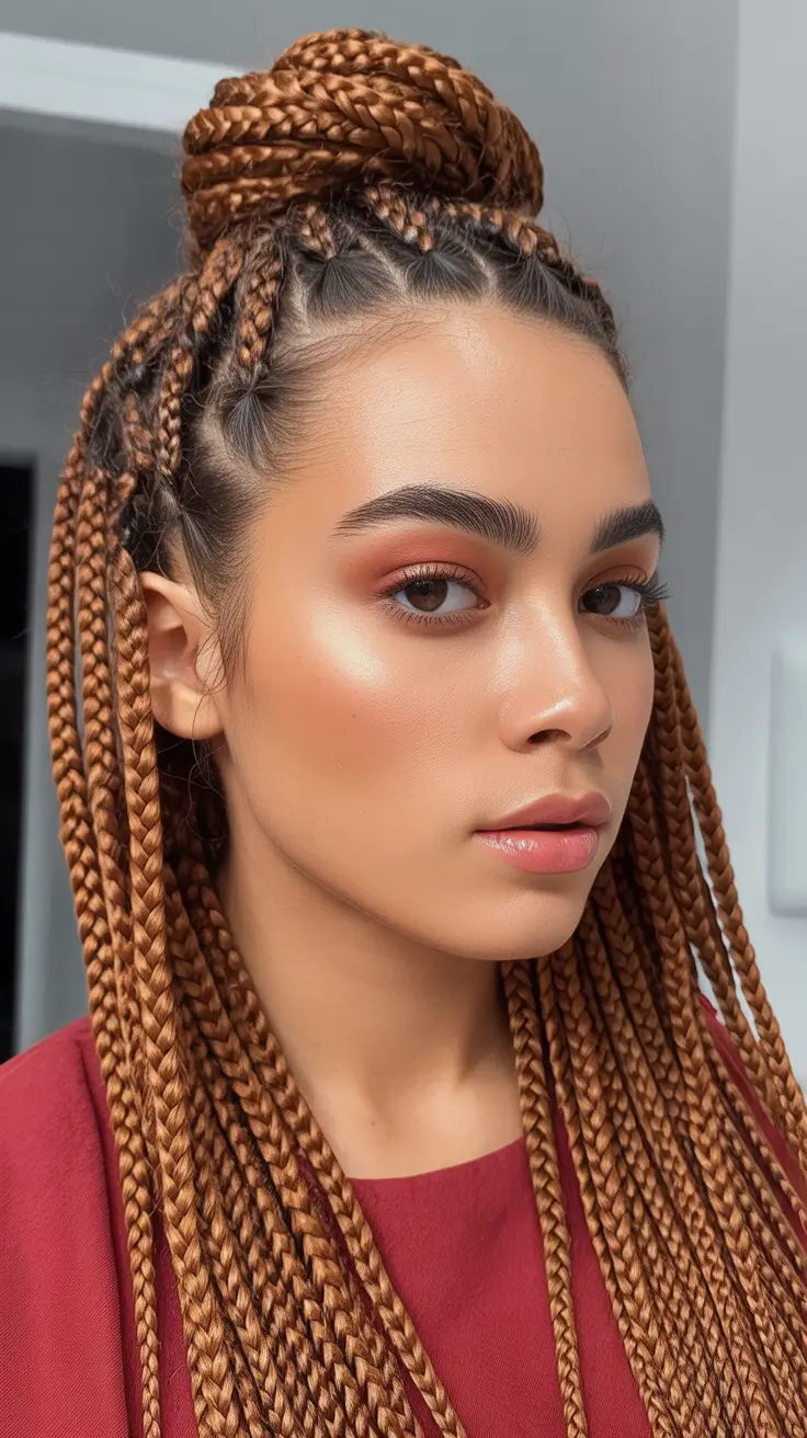 spring braids hairstyles 2026 Copper Box Braids With Top Knot