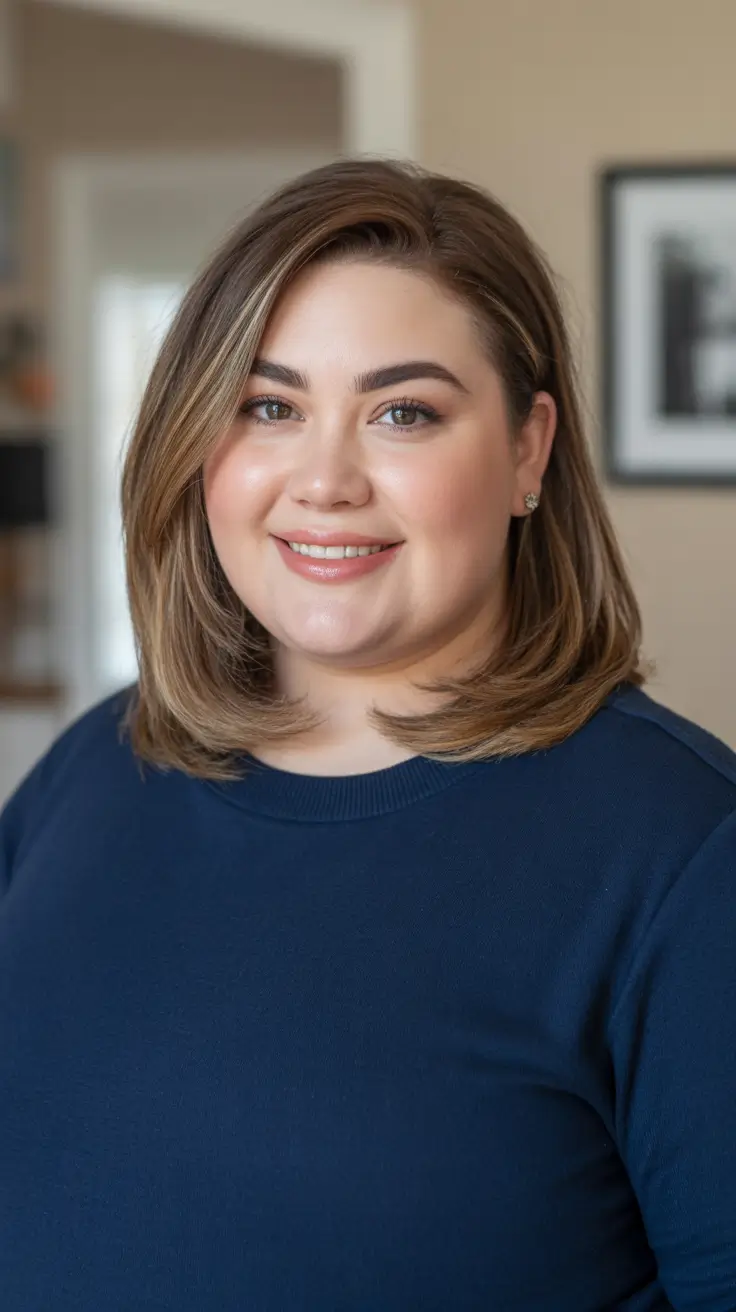 spring haircuts for plus size women Polished Shoulder-Length Lob with Soft Blended Highlights
