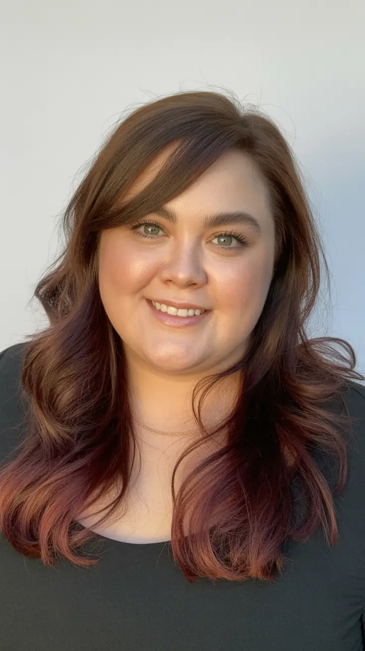 spring haircuts for plus size women Long Layered Chocolate-Rose Ends with Side Sweep