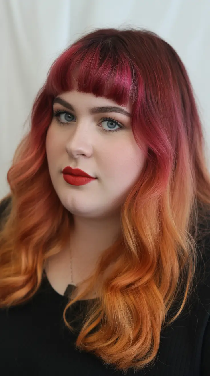 spring haircuts for plus size women Bold Magenta to Copper Gradient with Micro Fringe