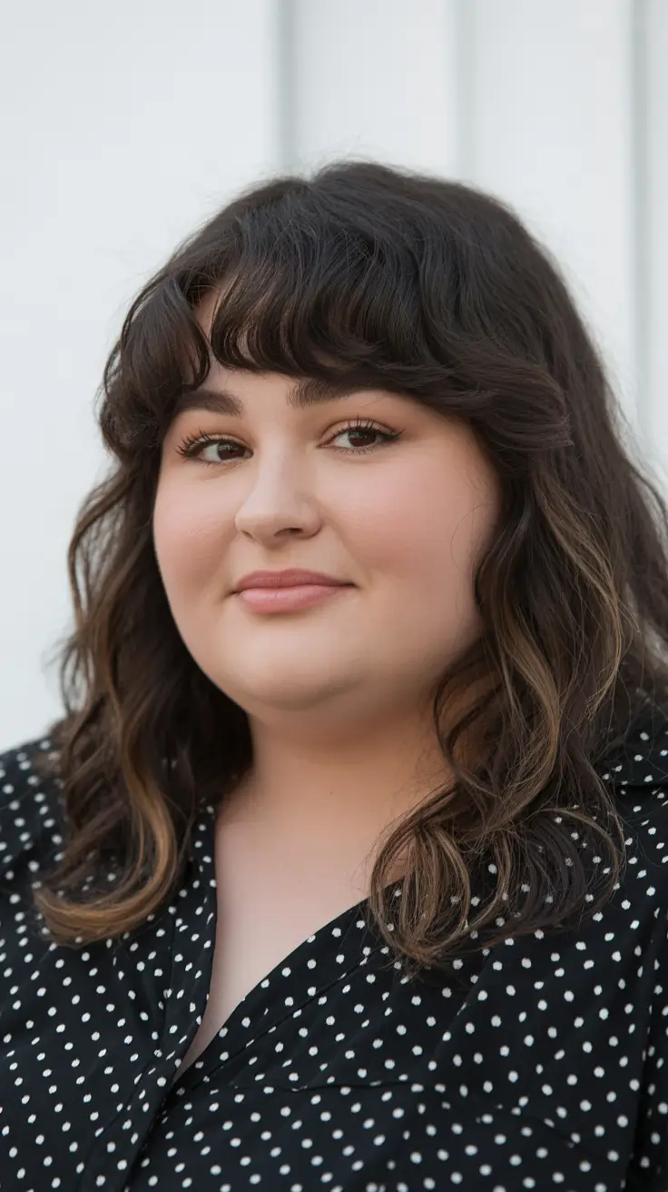 spring haircuts for plus size women Soft Mullet-Inspired Waves with Curved Bangs