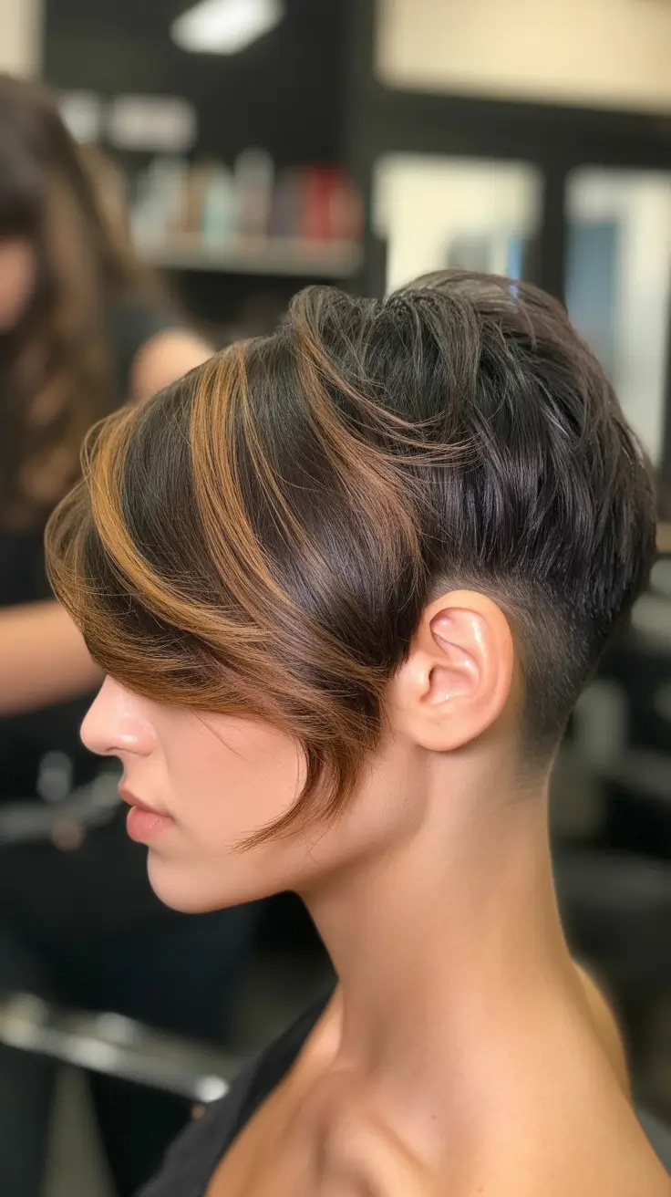 spring short hairstyles 2026 Sculpted Undercut Pixie With Caramel Highlights