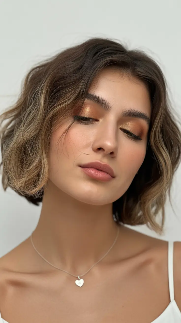 spring short hairstyles 2026 Soft Wavy Bob With Golden Balayage Glow