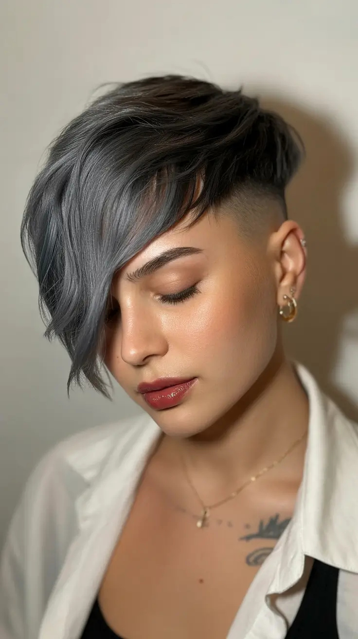 spring short hairstyles 2026 Smoky Silver Undercut With Long Sweeping Fringe