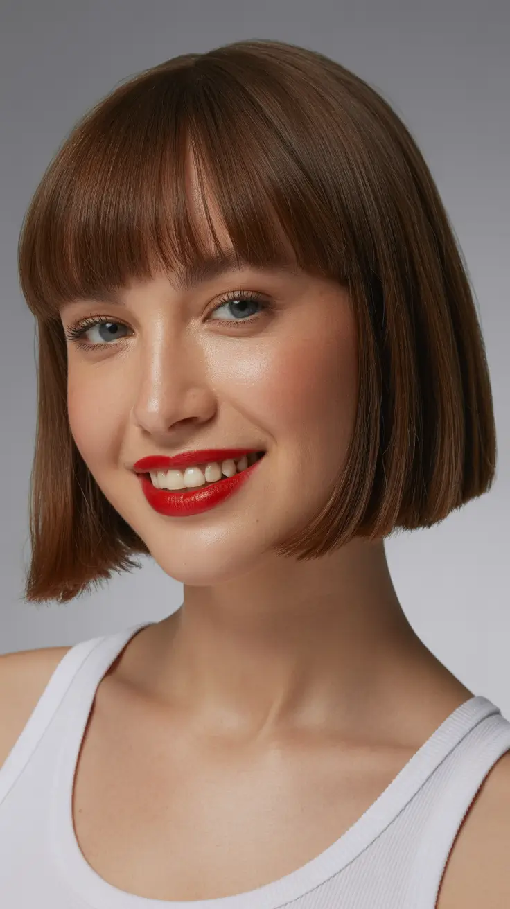 spring short hairstyles 2026 Precision Bob With Classic Full Fringe