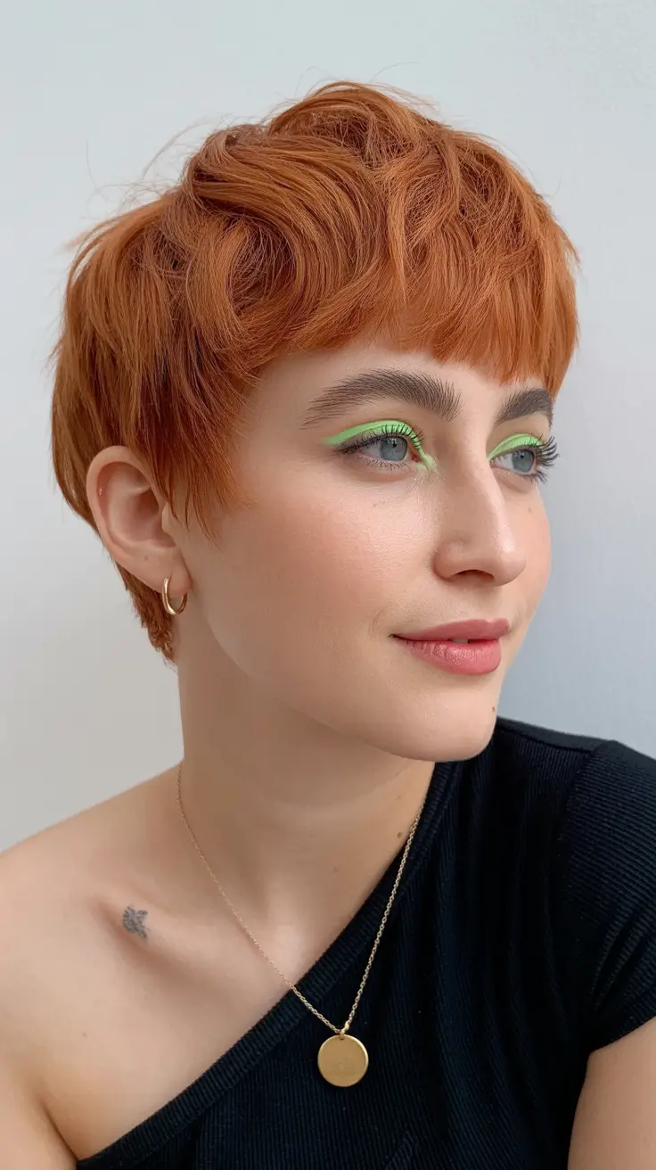 spring short hairstyles 2026 Playful Copper Pixie With Feathered Texture