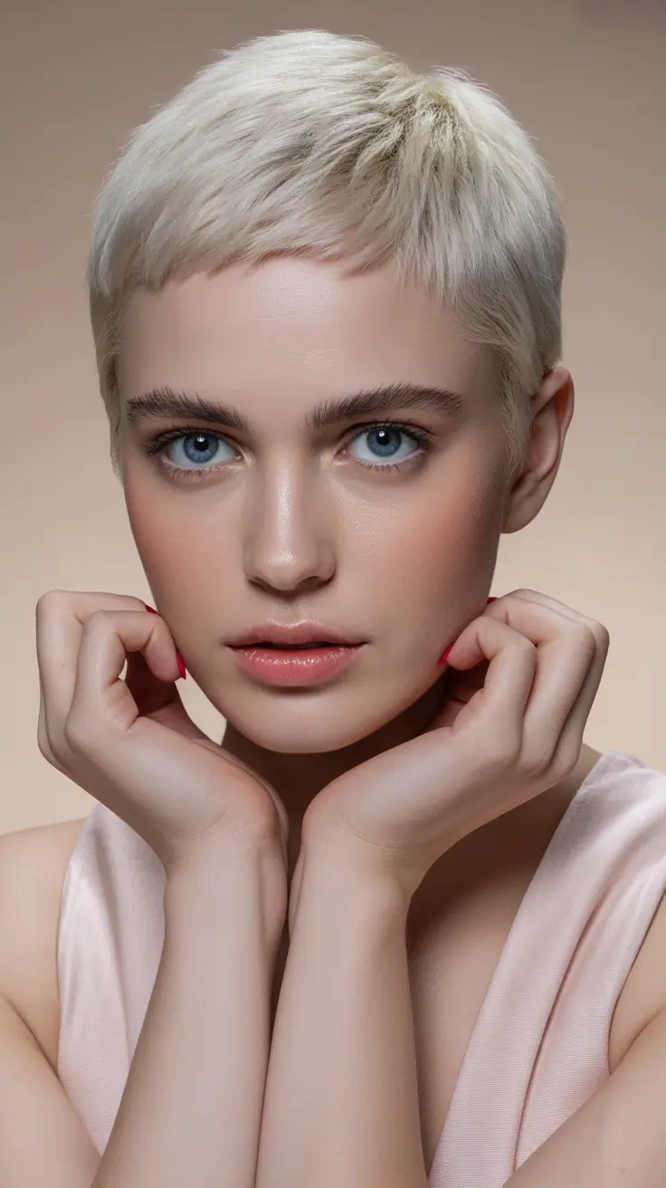 spring short hairstyles 2026 Ultra-Short Platinum Pixie With Fresh Minimalism