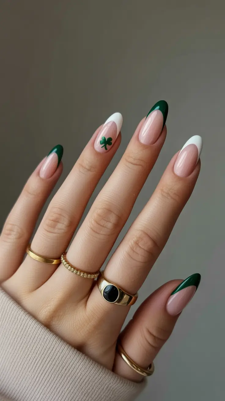 classy spring french tip nails 2026 Deep Green Micro French with Subtle Floral Accent