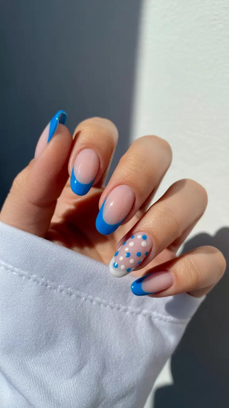 classy spring french tip nails 2026 Cobalt French with Polka Dot Accent Nail