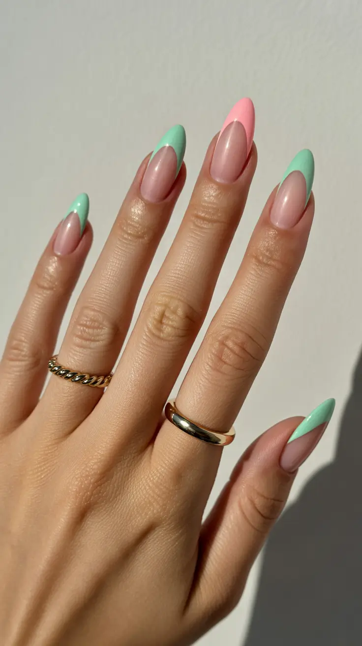 classy spring french tip nails 2026 Mint Pastel French Almond with Single Pink Accent
