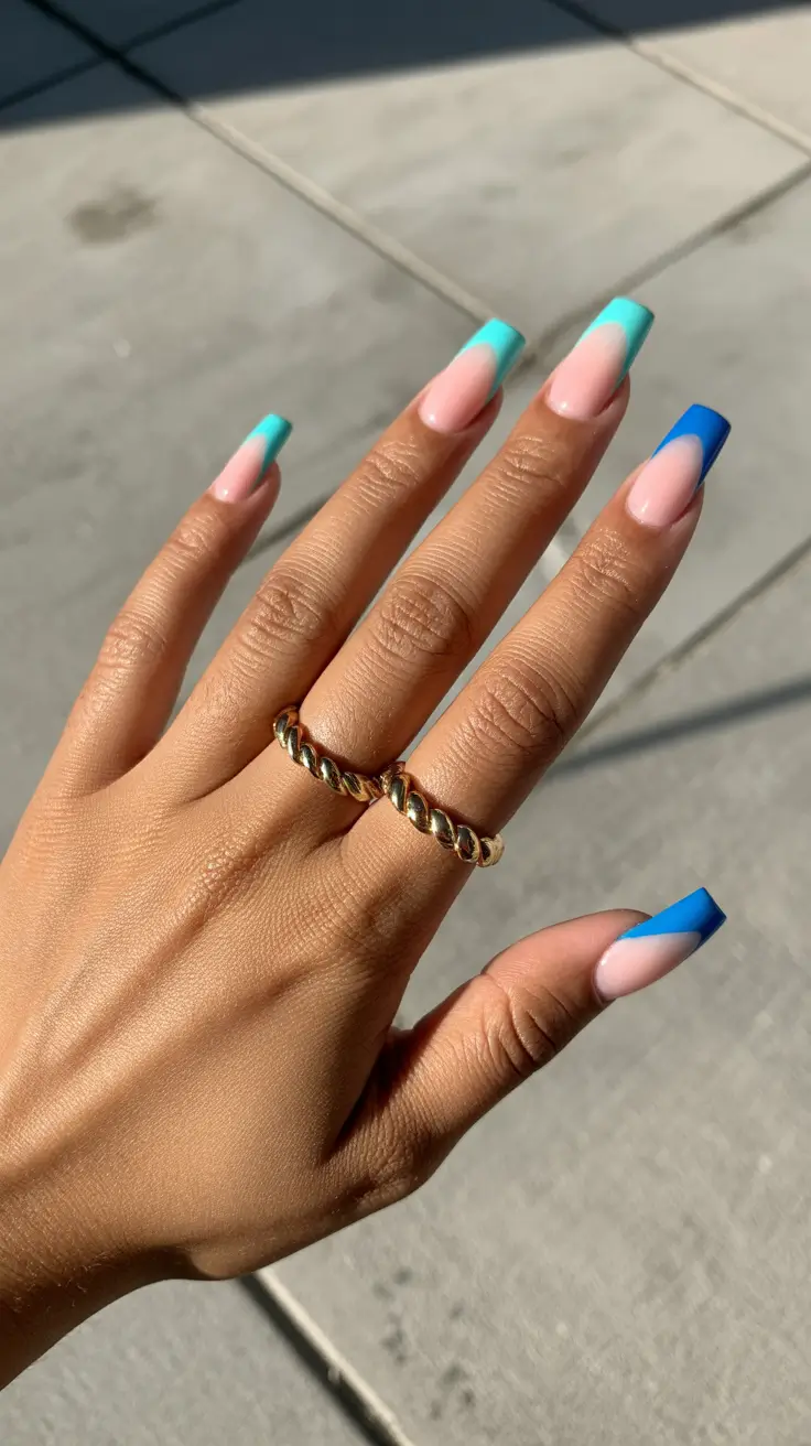 classy spring french tip nails 2026 Turquoise and Royal Blue Square French Contrast