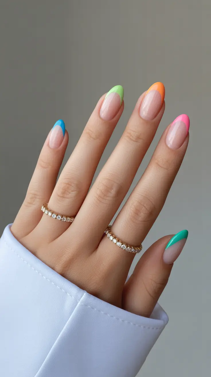 classy spring french tip nails 2026 Rainbow Pastel French Almond Spectrum