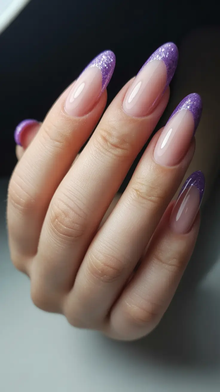 classy spring french tip nails 2026 Lavender Glitter French Almond Elegance