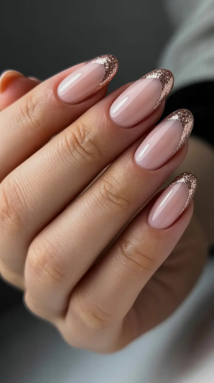 classy spring french tip nails 2026 Rose Gold Glitter Micro French on Short Almond