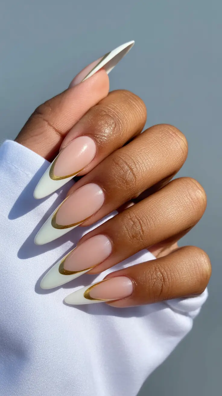 classy spring french tip nails 2026 Classic White Almond French with Gold Contour Line