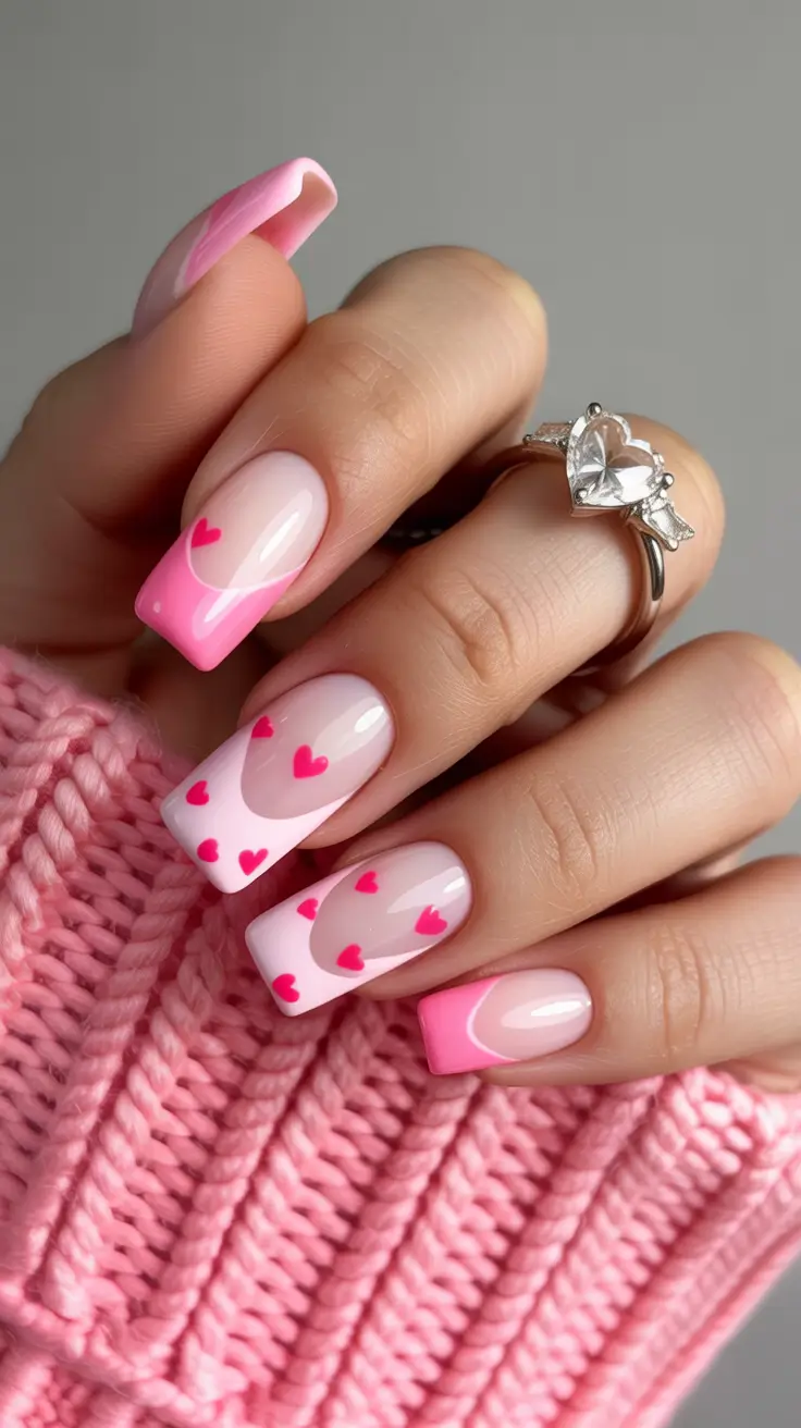 classy spring french tip nails 2026 Square Pink French with Scattered Heart Motifs