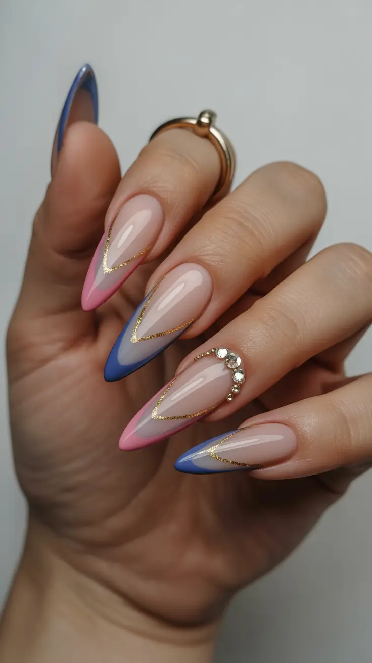 classy spring french tip nails 2026 V-Cut Pastel French with Crystal Accent