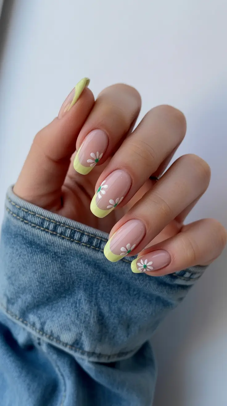 classy spring french tip nails 2026 Lemon Pastel French with Minimal Daisy Details
