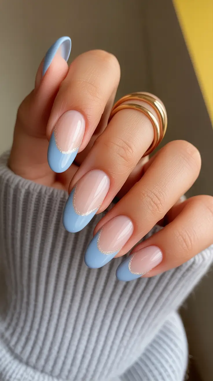 classy spring french tip nails 2026 Baby Blue Micro French with Glitter Halo Edge