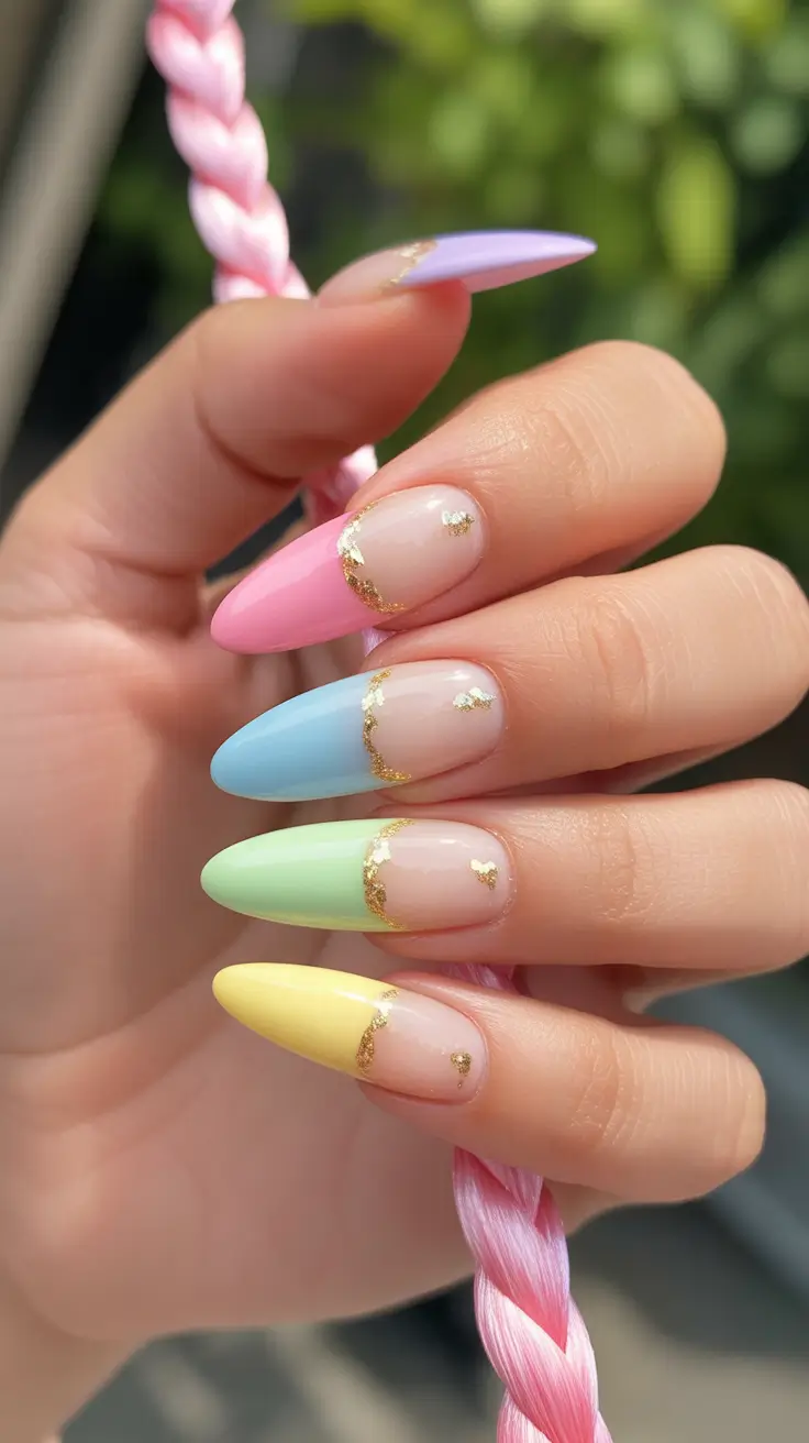 classy spring french tip nails 2026 Pastel Rainbow French Almond with Gold Foil Edges