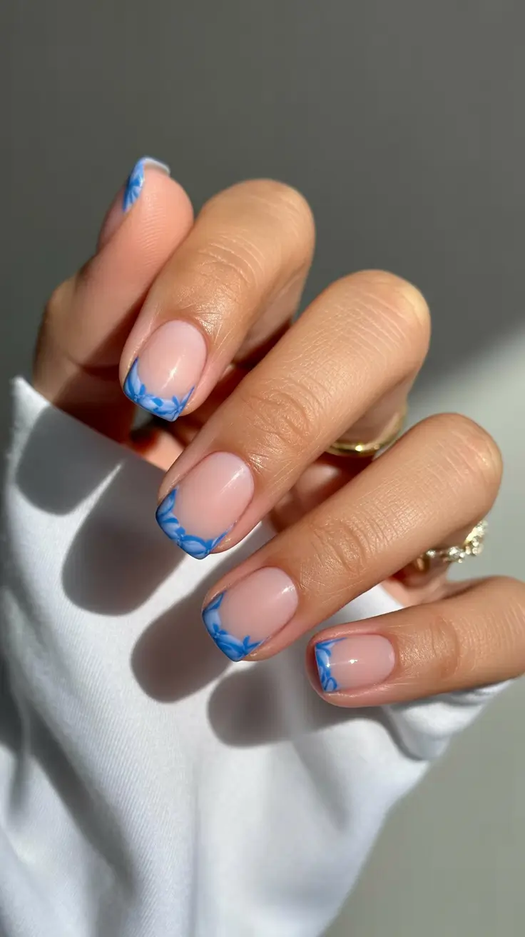 classy spring french tip nails 2026 Sheer Blue Floral Edge French on Short Square