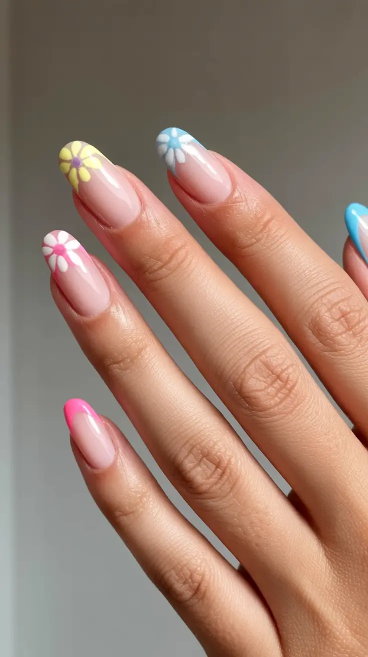 classy spring french tip nails 2026 Multicolor Daisy French in Playful Pastel Tips