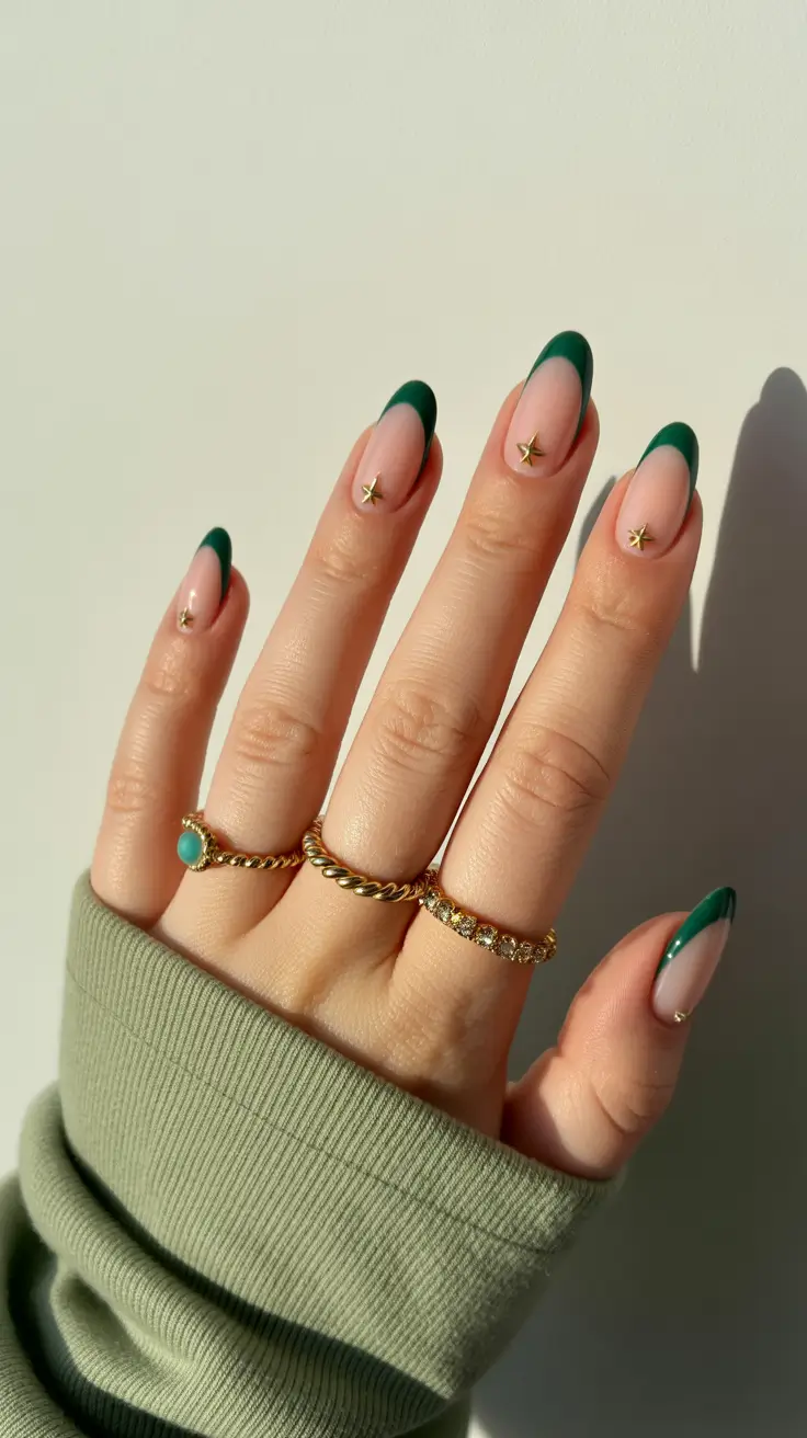 classy spring french tip nails 2026 Emerald French Almond with Minimal Gold Star Accents