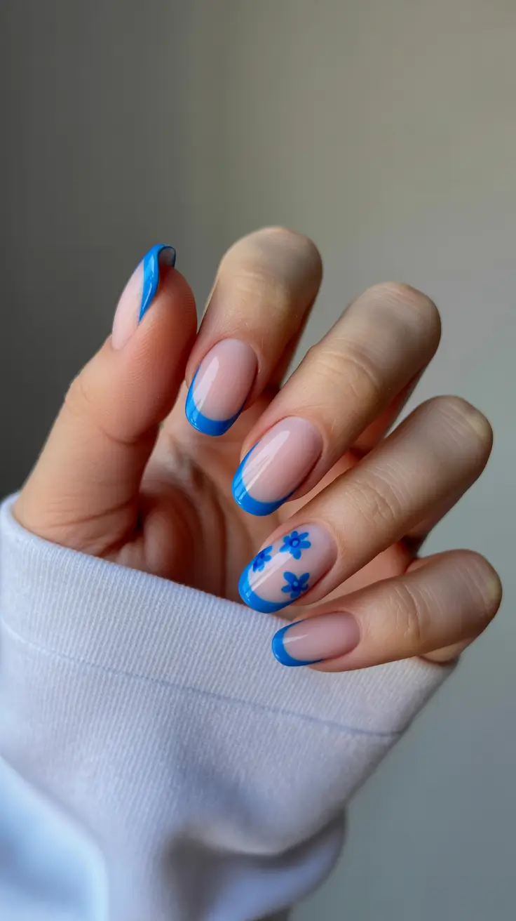 classy spring french tip nails 2026 Bright Blue Classic French with Tiny Floral Accent