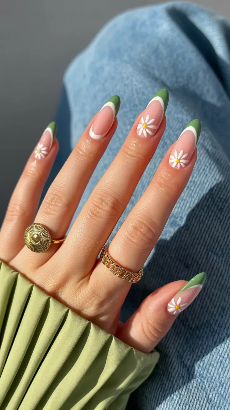 classy spring french tip nails 2026 Sage Green Double French with Daisy Motifs