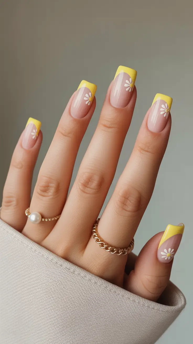 classy spring french tip nails 2026 Butter Yellow Square French with Minimal Daisy Accent