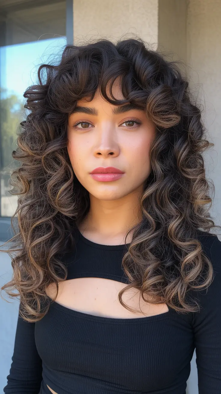spring brunette hair color 2026 Curly Brunette Shag With Dimensional Bangs