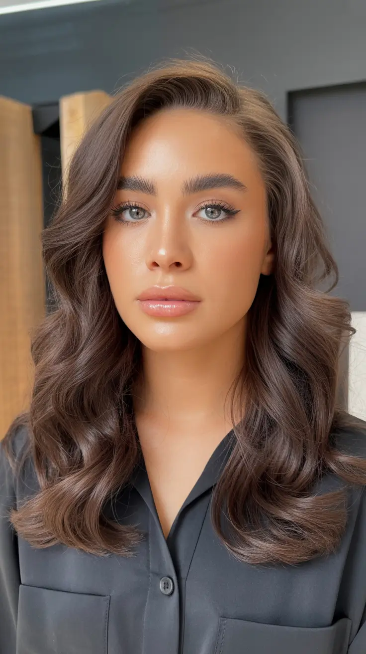 spring brunette hair color 2026 Polished Chocolate Waves With a Subtle Cool Tone