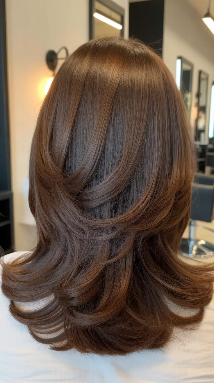 spring brunette hair color 2026 Structured Medium Brunette Layers With Salon-Perfect Shine