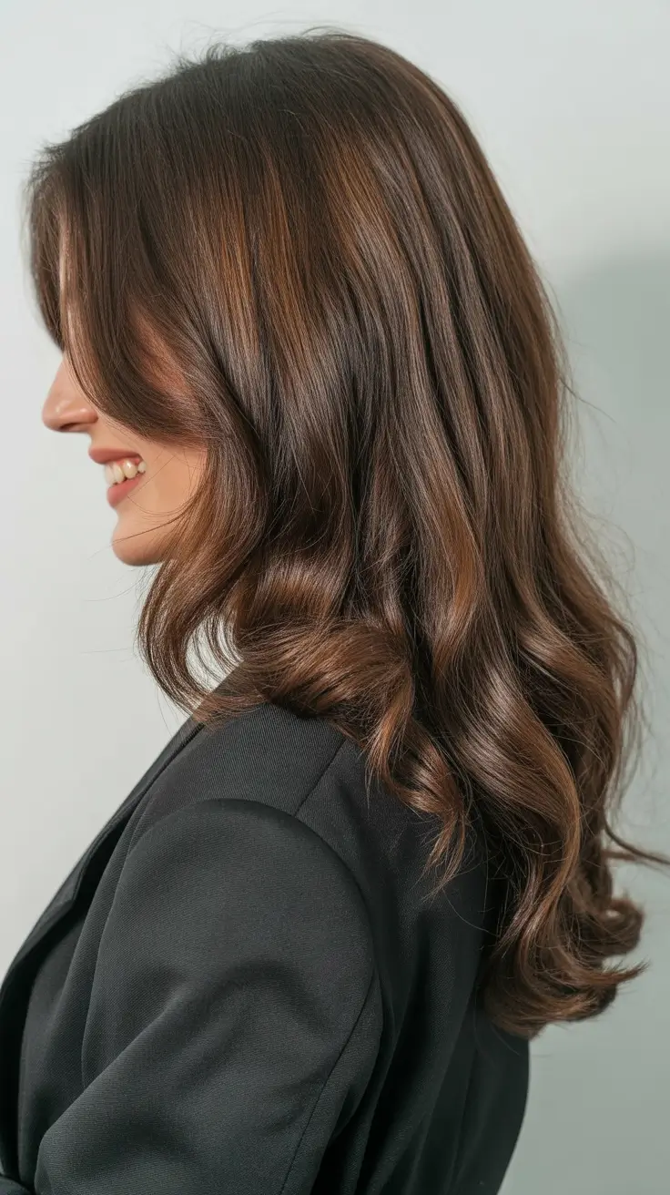 spring brunette hair color 2026 Warm Brunette Layers With Gentle Dimensional Highlights