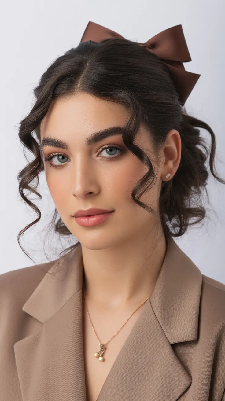 spring brunette hair color 2026 Romantic Updo With Soft Brunette Curls and Ribbon Detail
