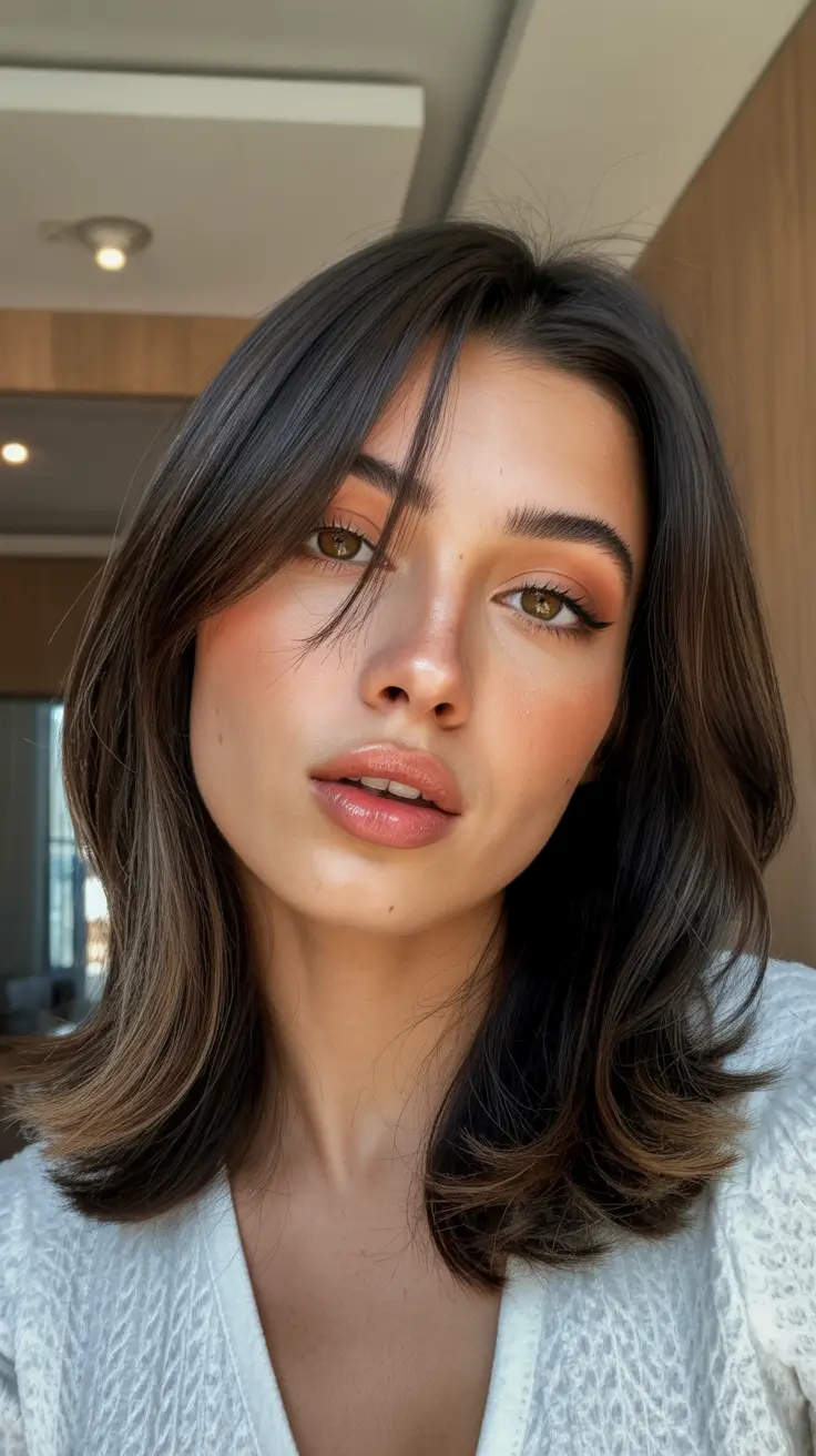 spring brunette hair color 2026 Glossy Shoulder-Length Brunette With Soft Movement