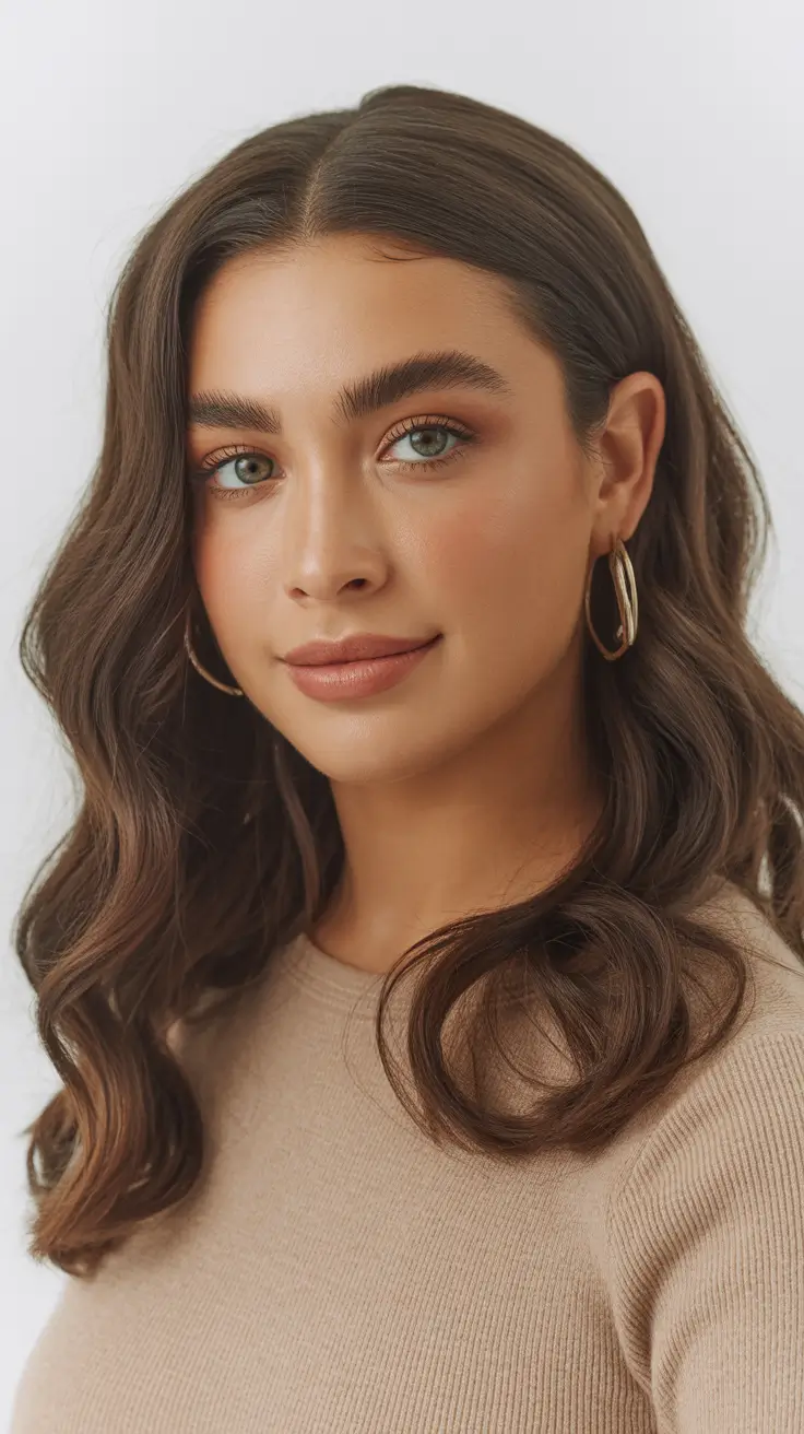 spring brunette hair color 2026 Soft Chestnut Waves With Natural Warmth