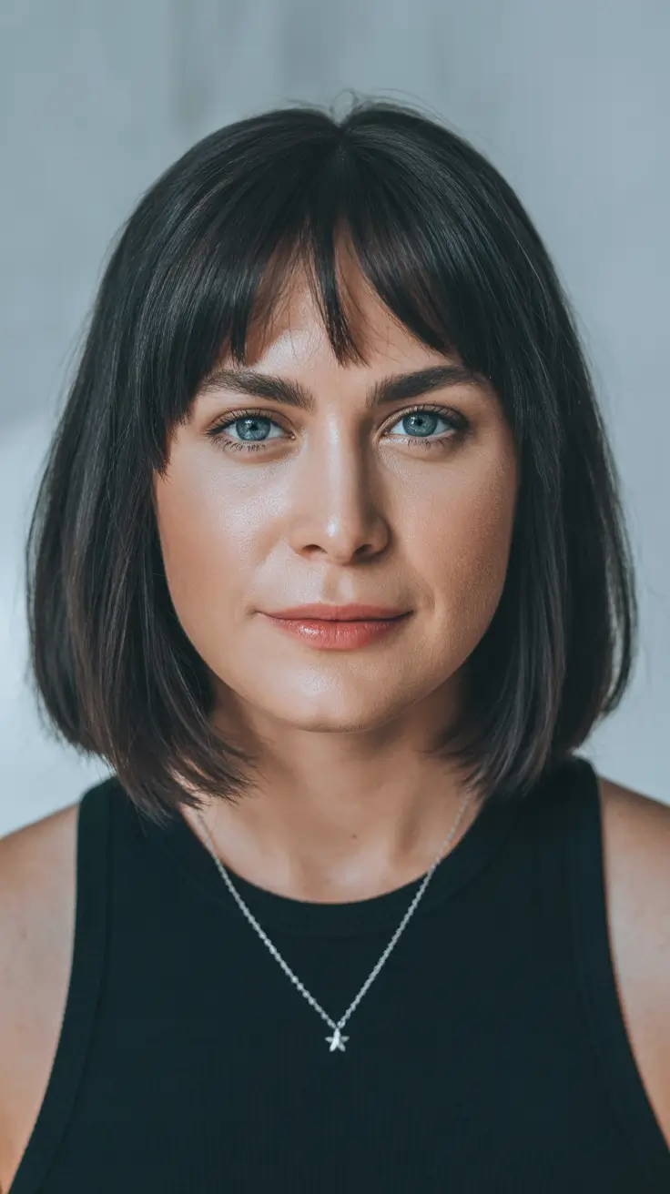 cute spring haircuts for round face shape 2026 Classic Straight Bob with Micro-Fringe Detail