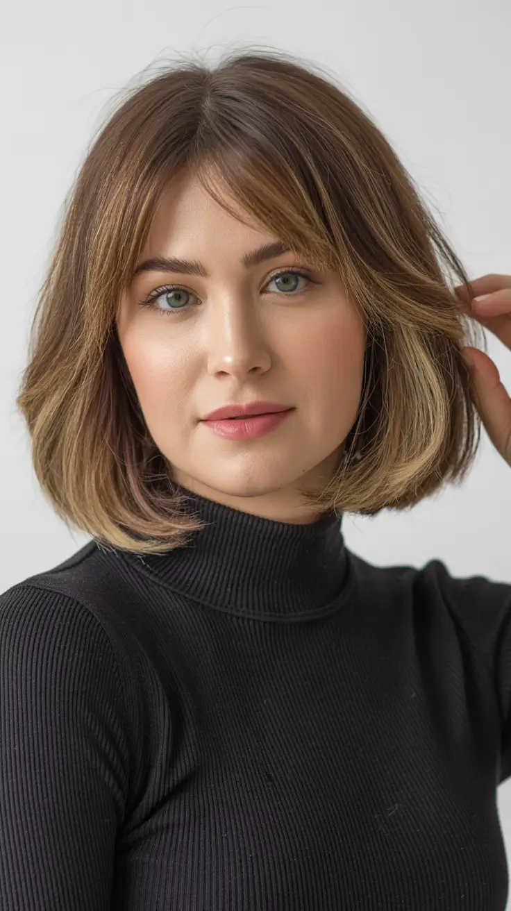 cute spring haircuts for round face shape 2026 Rounded Brunette Bob with Gentle Curtain Shaping