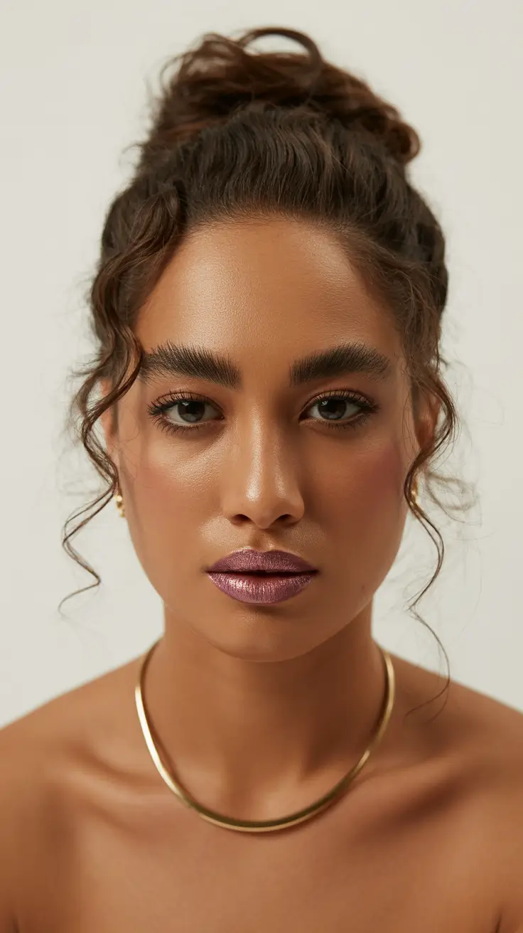 cute spring haircuts for round face shape 2026 Curly High Bun with Floating Tendrils