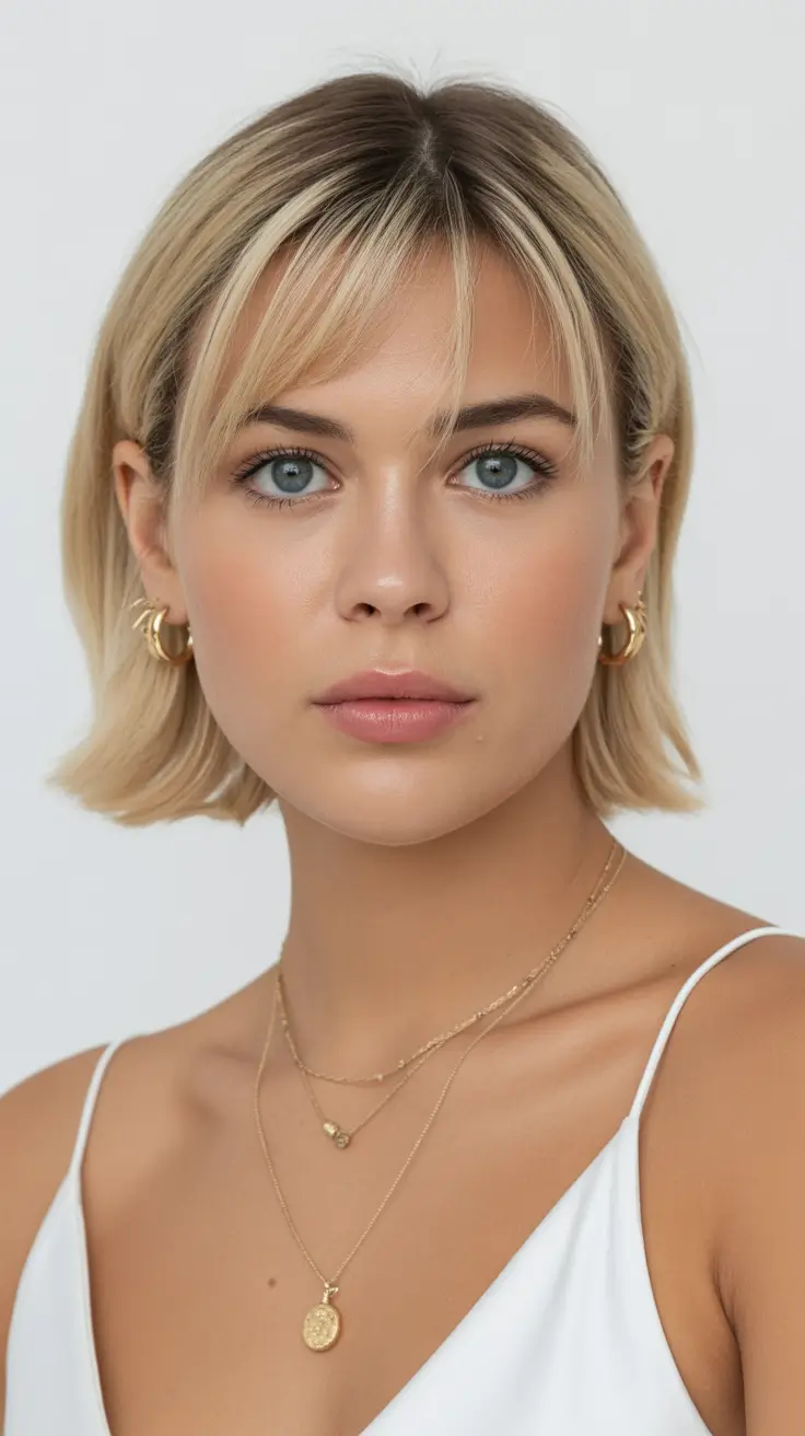 cute spring haircuts for round face shape 2026 Soft Blonde Bob with Whispy Baby Bangs