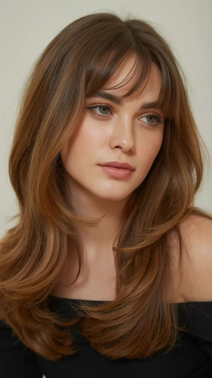 cute spring haircuts for round face shape 2026 Long Layered Silhouette with Soft Curtain Bangs