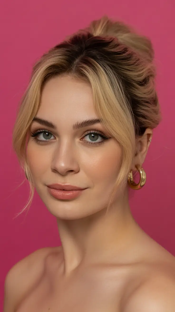 cute spring haircuts for round face shape 2026 Romantic Updo with Face-Framing Curtain Softness