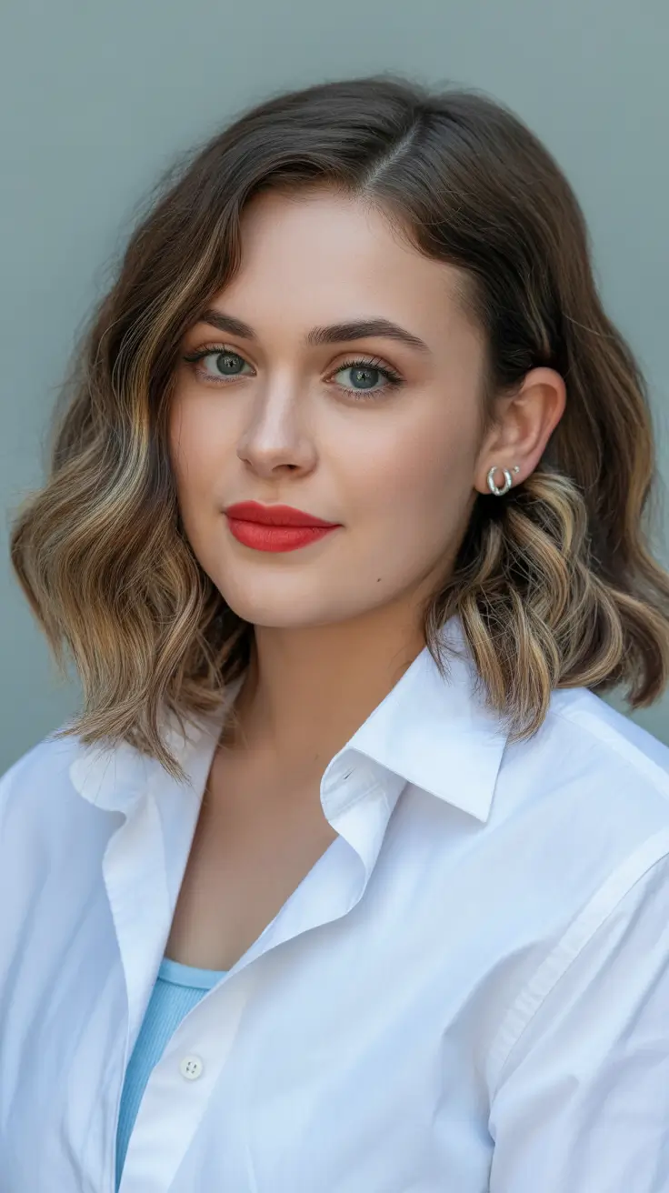 cute spring haircuts for round face shape 2026 Polished Wavy Lob with Brightened Ends