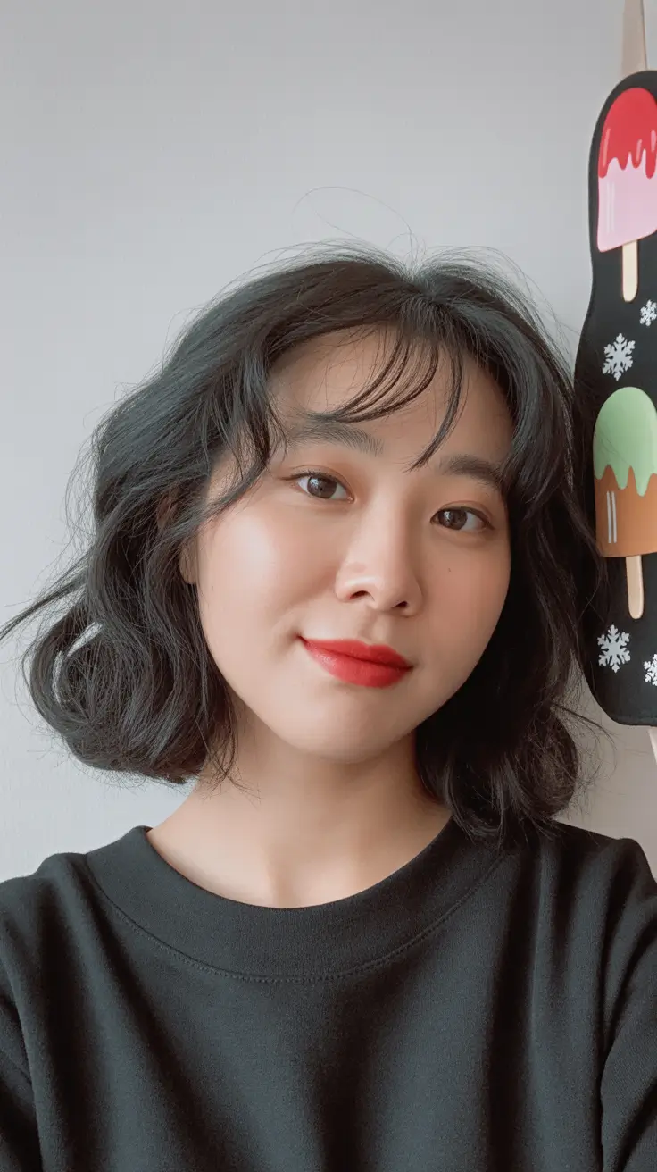 cute spring haircuts for round face shape 2026 Soft Tousled Waves with Light, Airy Fringe