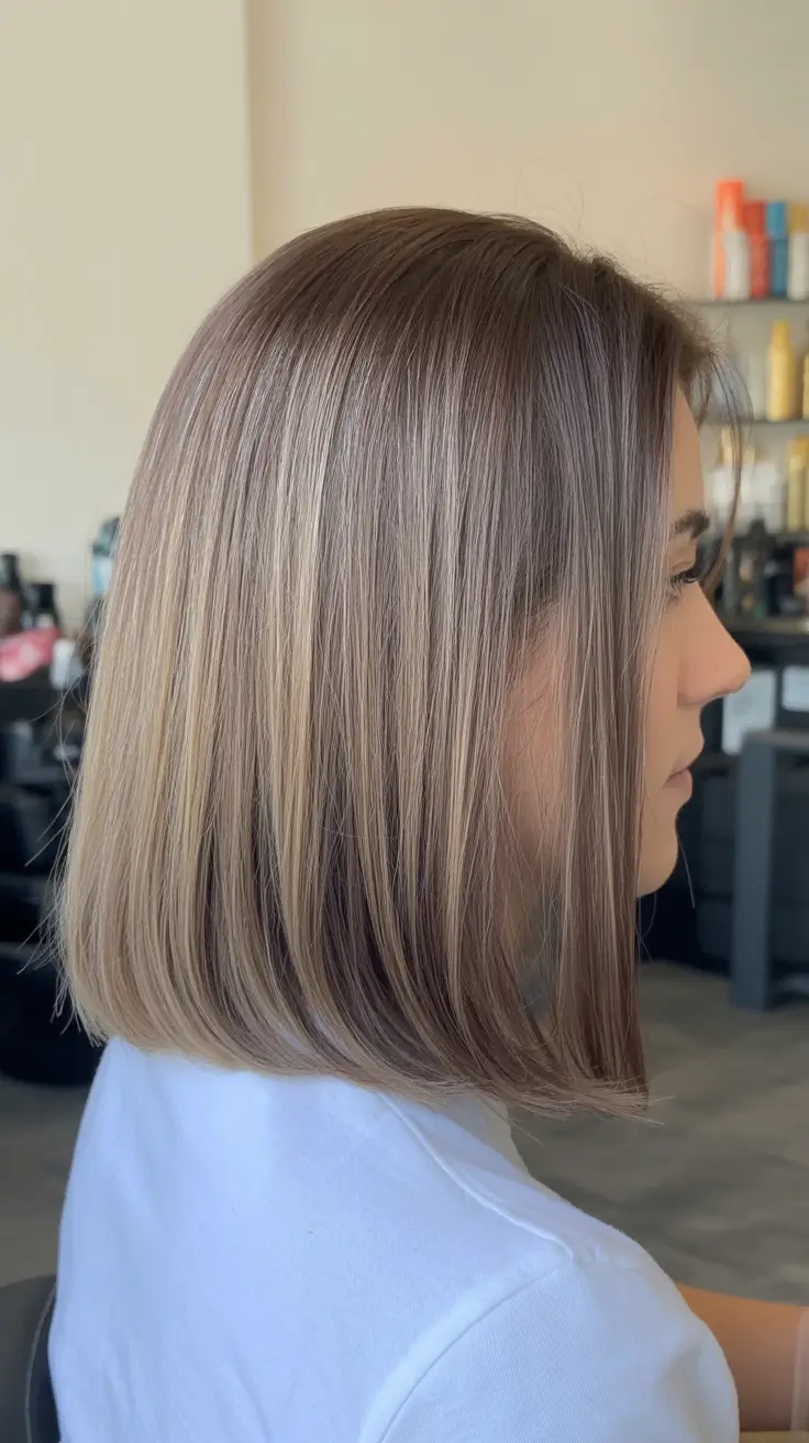 modern spring balayage hair color ideas 2026 Soft Mushroom Blonde for Polished Long Bobs