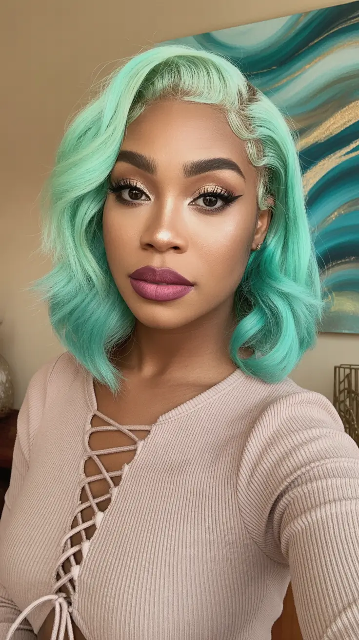 spring hair color for dark skin 2026 Mint Pastel Soft Bob