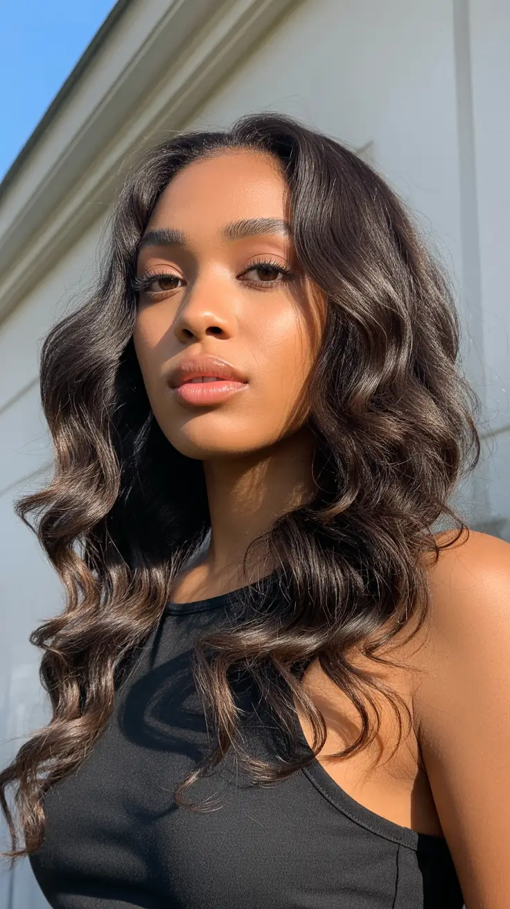 spring hair color for dark skin 2026 Warm Brunette Sunlit Waves