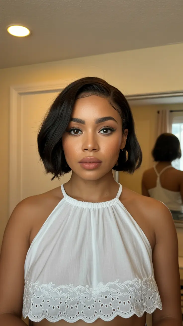 spring hair color for dark skin 2026 Classic Glossed Short Wave Bob