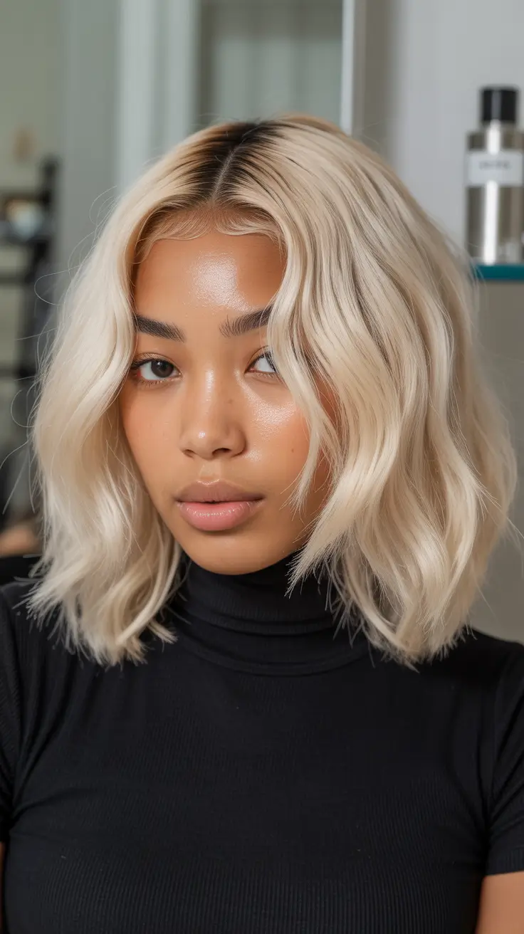 spring hair color for dark skin 2026 Champagne Pearl Wavy Bob